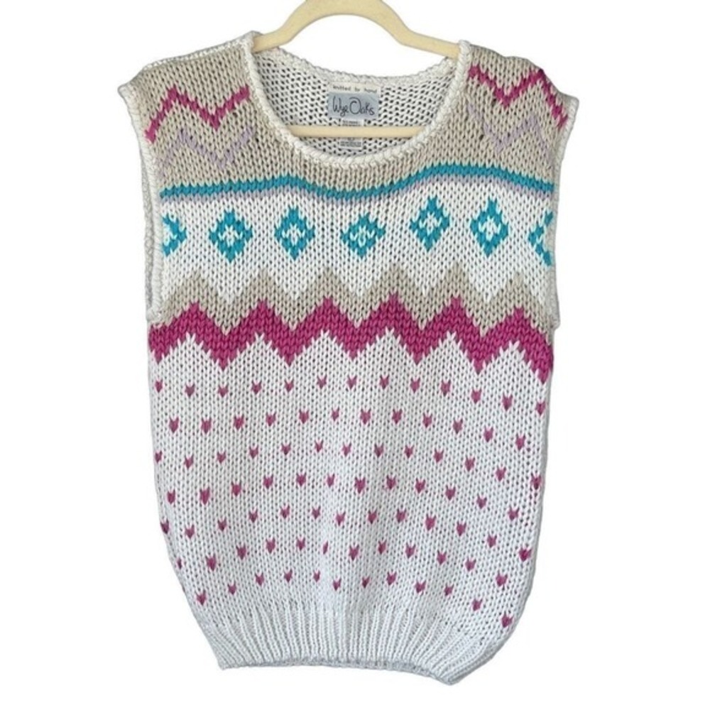 T6 80s VTG Wye Oaks Knit Vest‎ White Pink Geometric Hearts Sleeveless Sweater